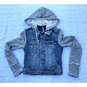 Free People Denim Jacket Womens XS Blue Gray Jean Sweater Sleeves Removable Hood